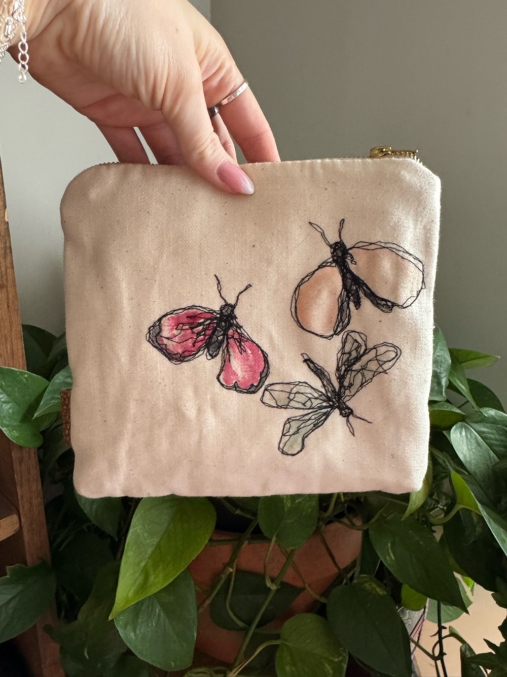 Hand-Embroidered Butterfly Zip Pouch in Beige with Pink Accents